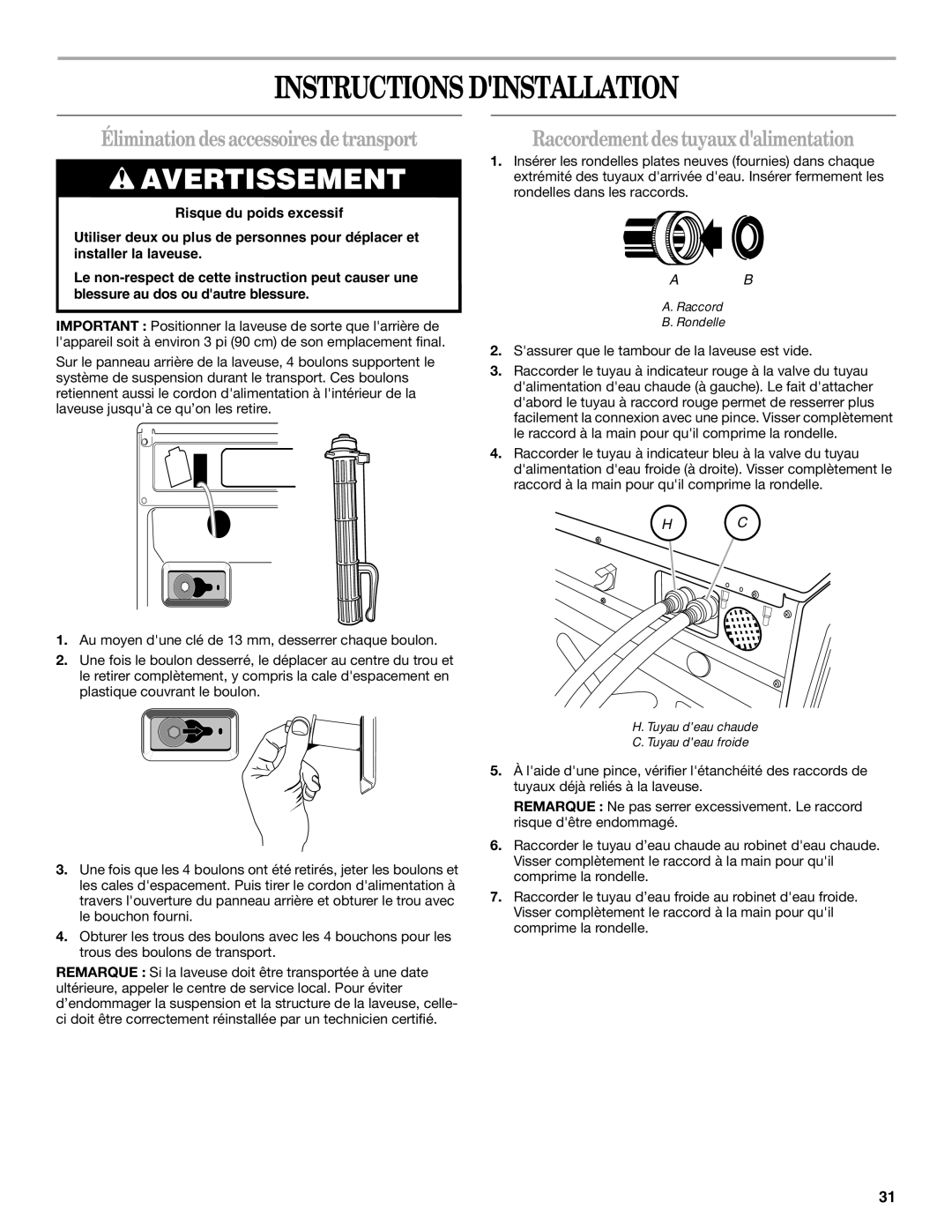 Whirlpool W10158200A manual Instructions Dinstallation, Éliminationdes accessoiresdetransport 