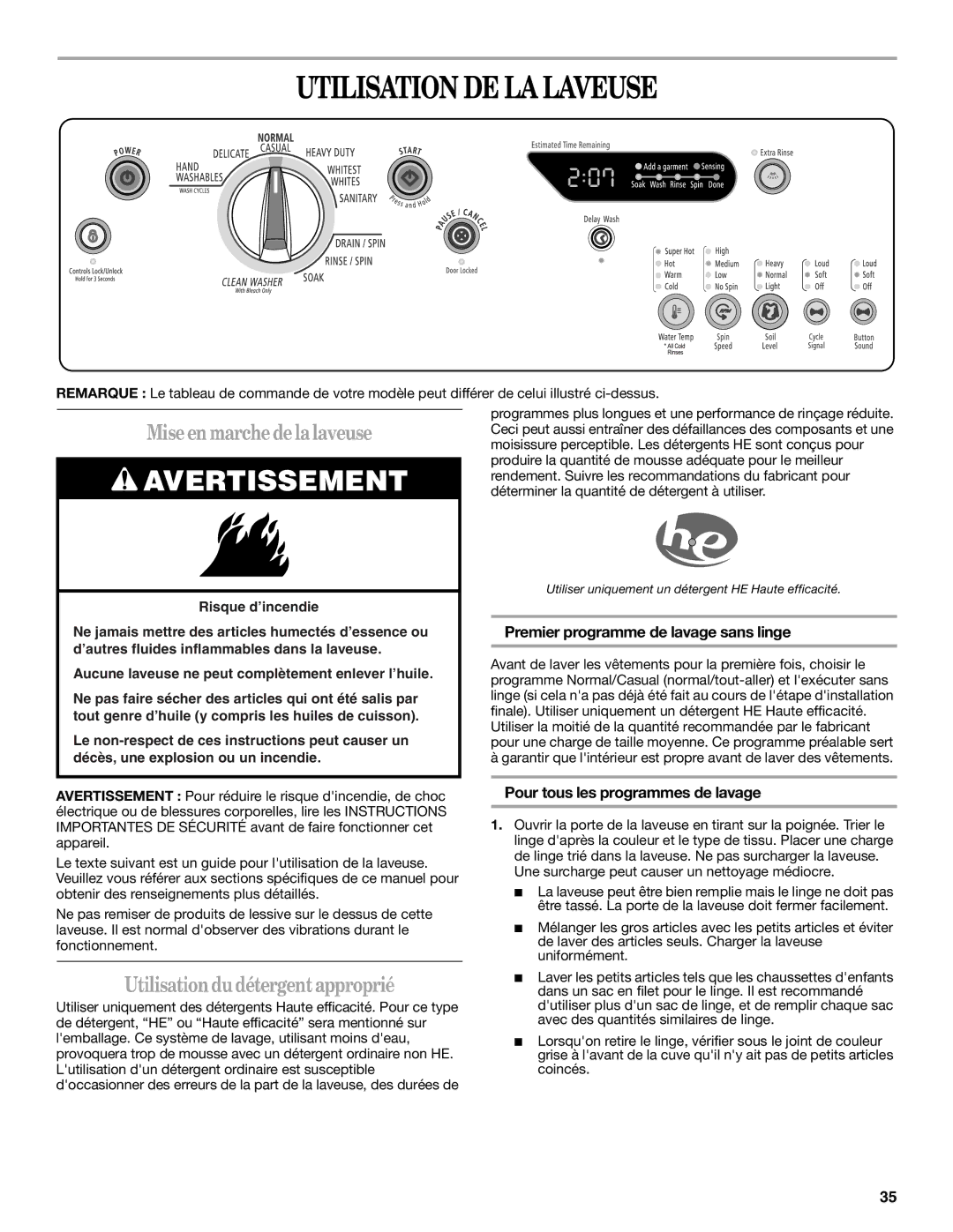 Whirlpool W10158200A manual Utilisation DE LA Laveuse, Miseenmarchedelalaveuse, Utilisationdudétergentapproprié 