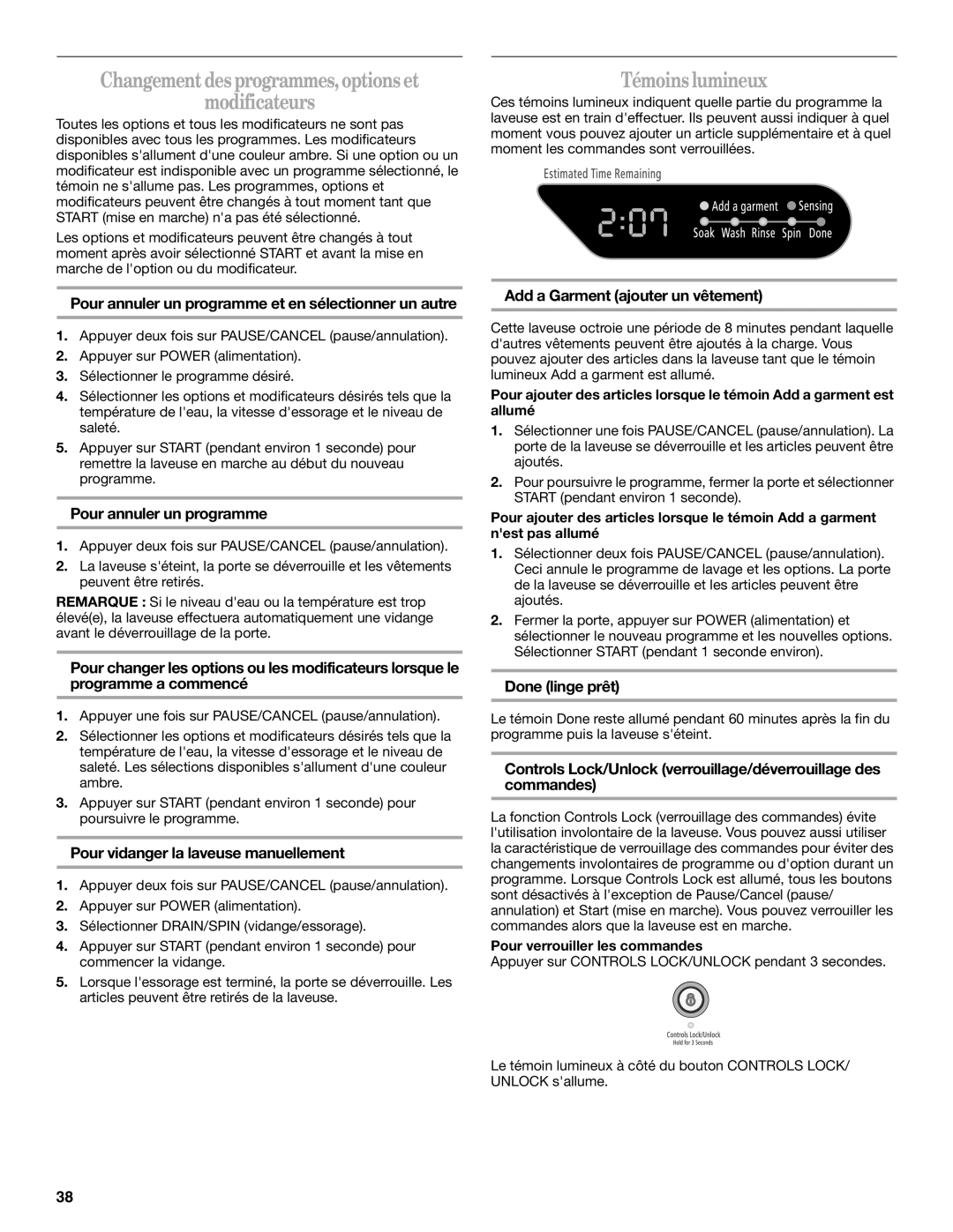 Whirlpool W10158200A manual Changementdesprogrammes,optionset Modificateurs, Témoinslumineux 