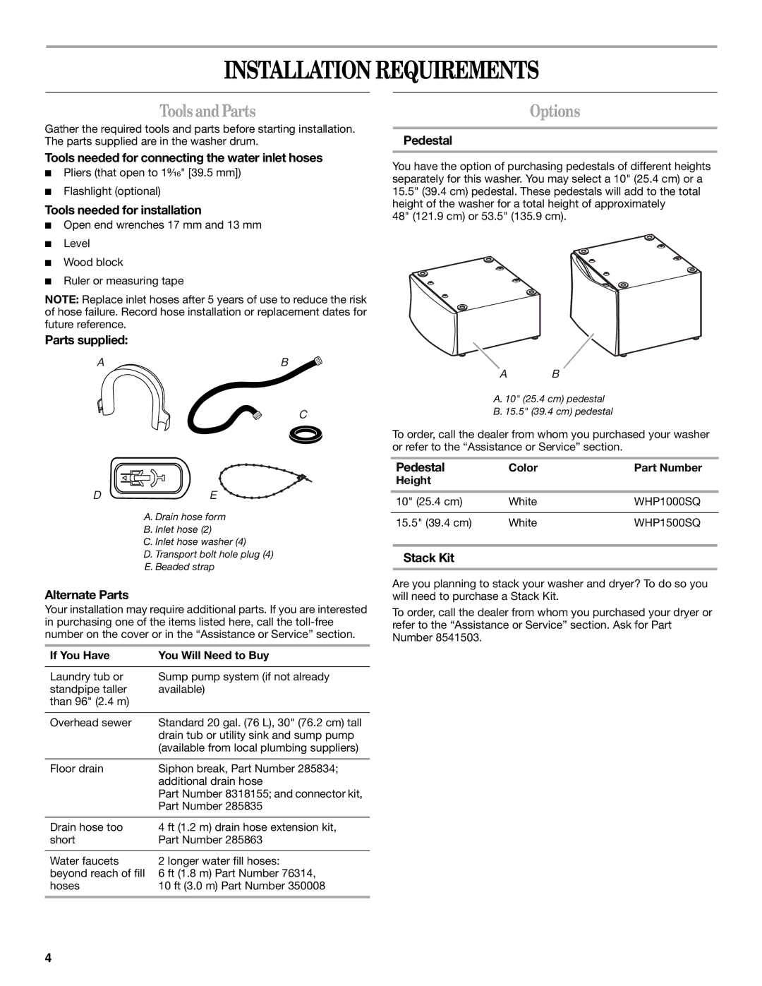 Whirlpool W10158200A manual Installation Requirements, ToolsandParts, Options 