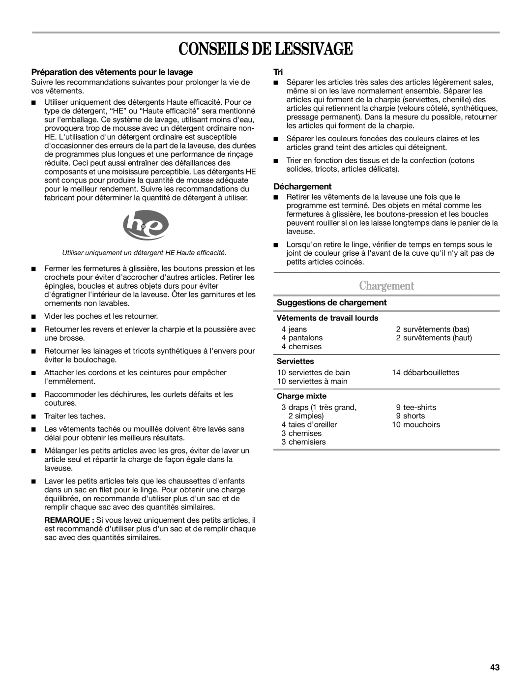 Whirlpool W10158200A manual Conseils DE Lessivage, Chargement, Préparation des vêtements pour le lavage, Tri, Déchargement 