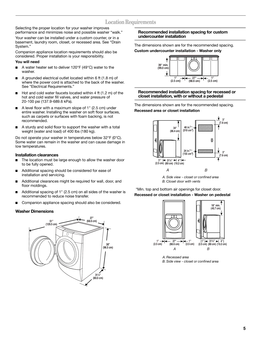 Whirlpool W10158200A manual LocationRequirements, Installation clearances, Washer Dimensions 