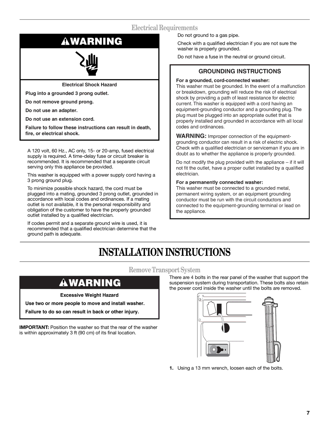 Whirlpool W10158200A manual Installation Instructions, ElectricalRequirements, RemoveTransportSystem 