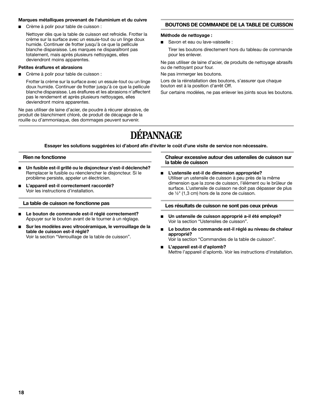 Whirlpool W10162166A manual Dépannage, Rien ne fonctionne, La table de cuisson ne fonctionne pas 