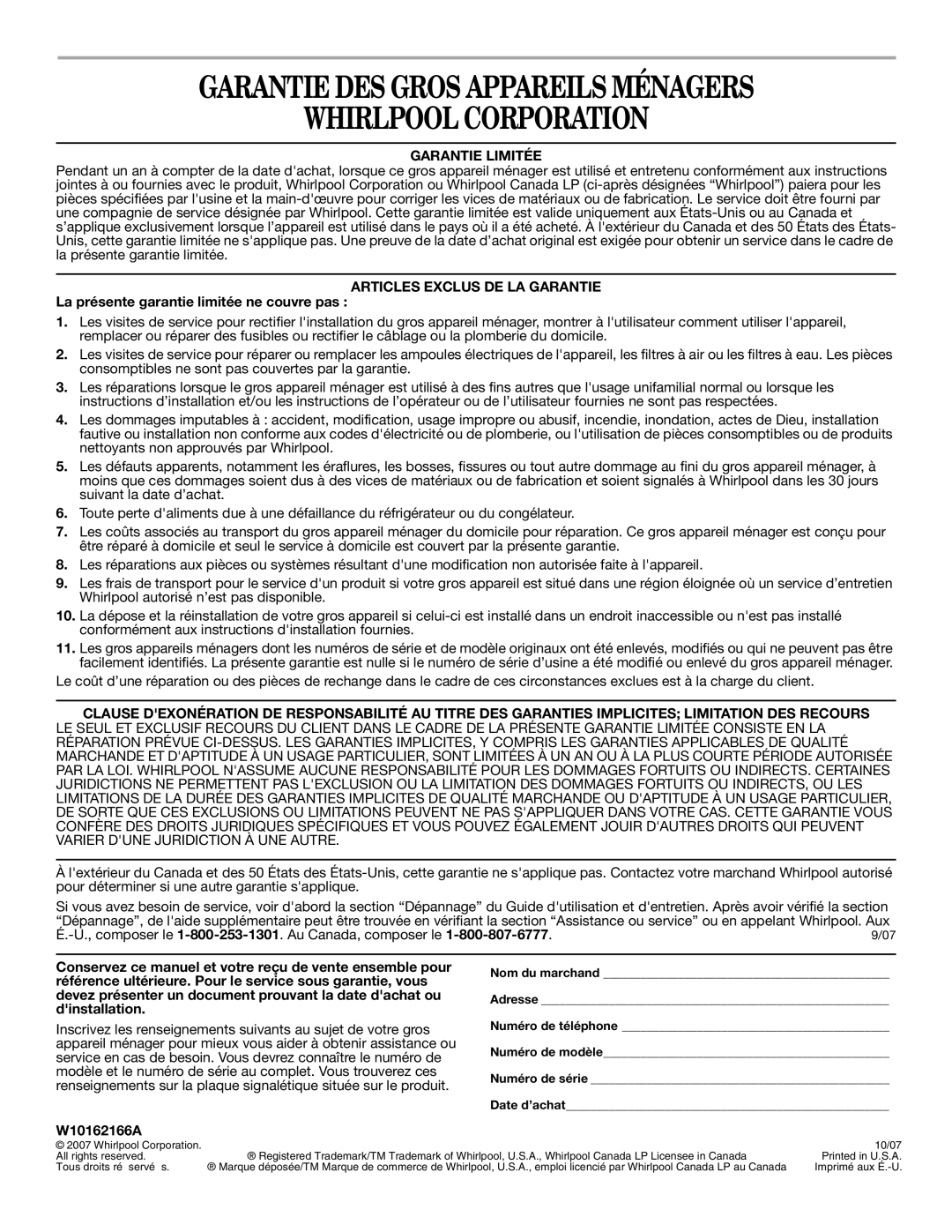 Whirlpool W10162166A manual Garantie DES Gros Appareils Ménagers Whirlpool Corporation, Garantie Limitée 