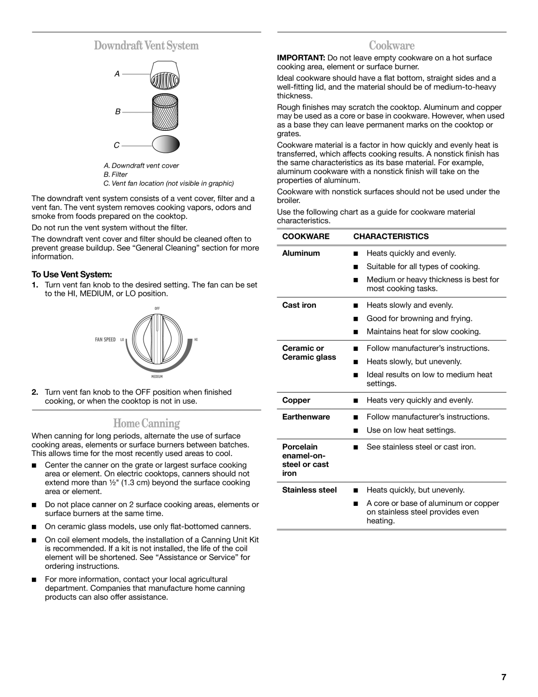 Whirlpool W10162166A manual Downdraft Vent System, Home Canning, To Use Vent System, Cookware Characteristics 