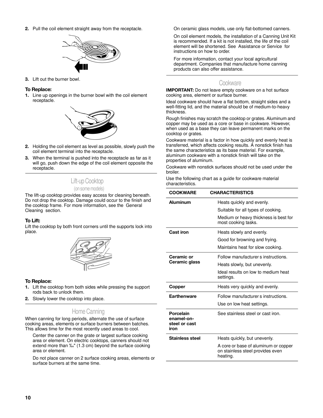 Whirlpool W10162205A manual Lift-up Cooktop, Home Canning, Cookware, To Replace, To Lift 