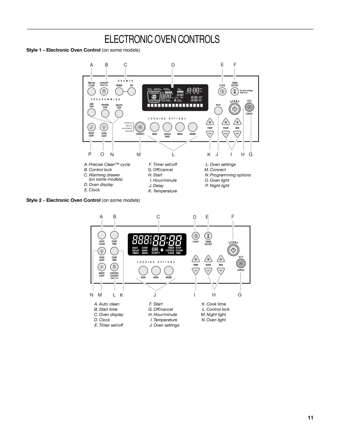 Whirlpool W10162205A manual Electronic Oven Controls, Style 1 Electronic Oven Control on some models 