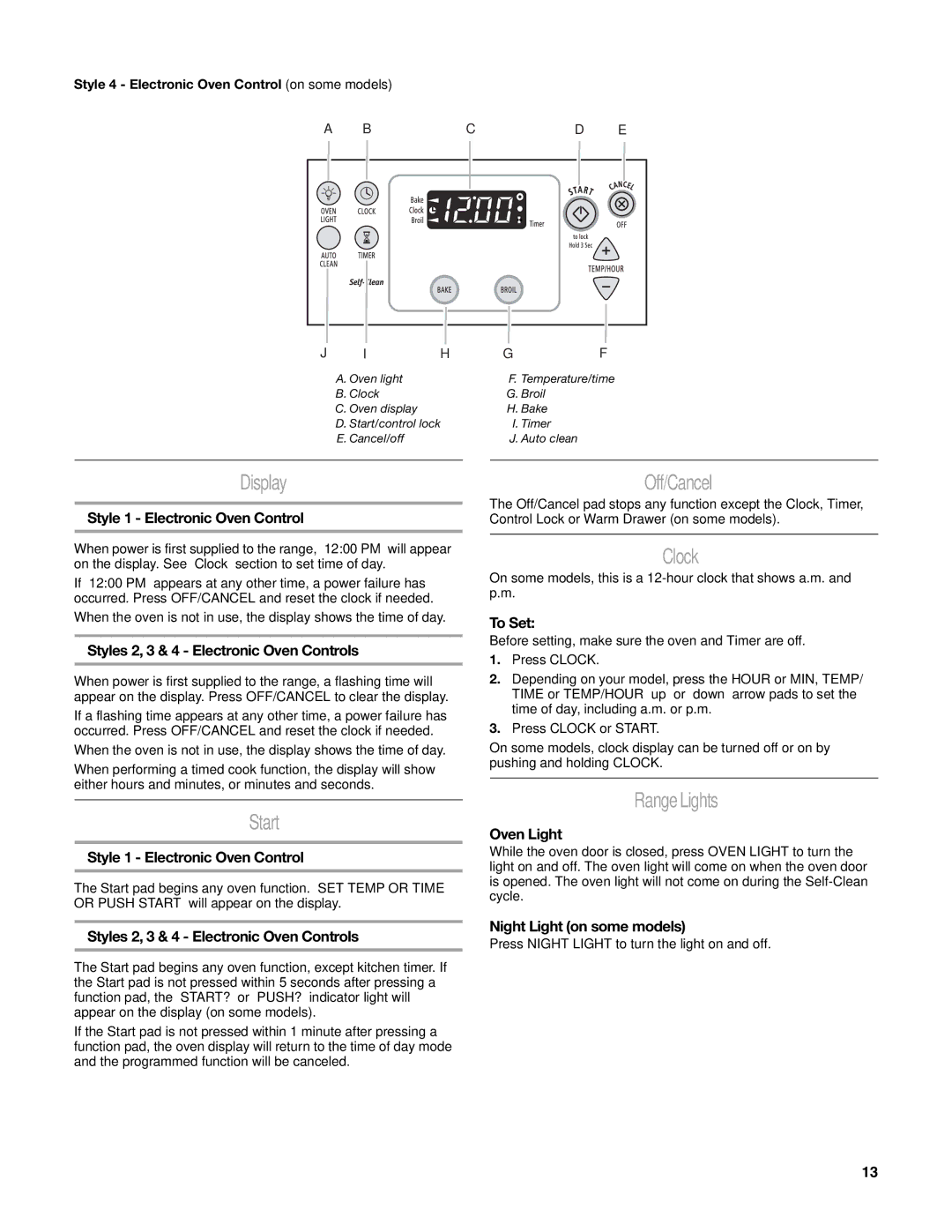 Whirlpool W10162205A manual Display, Start, Off/Cancel, Clock, Range Lights 