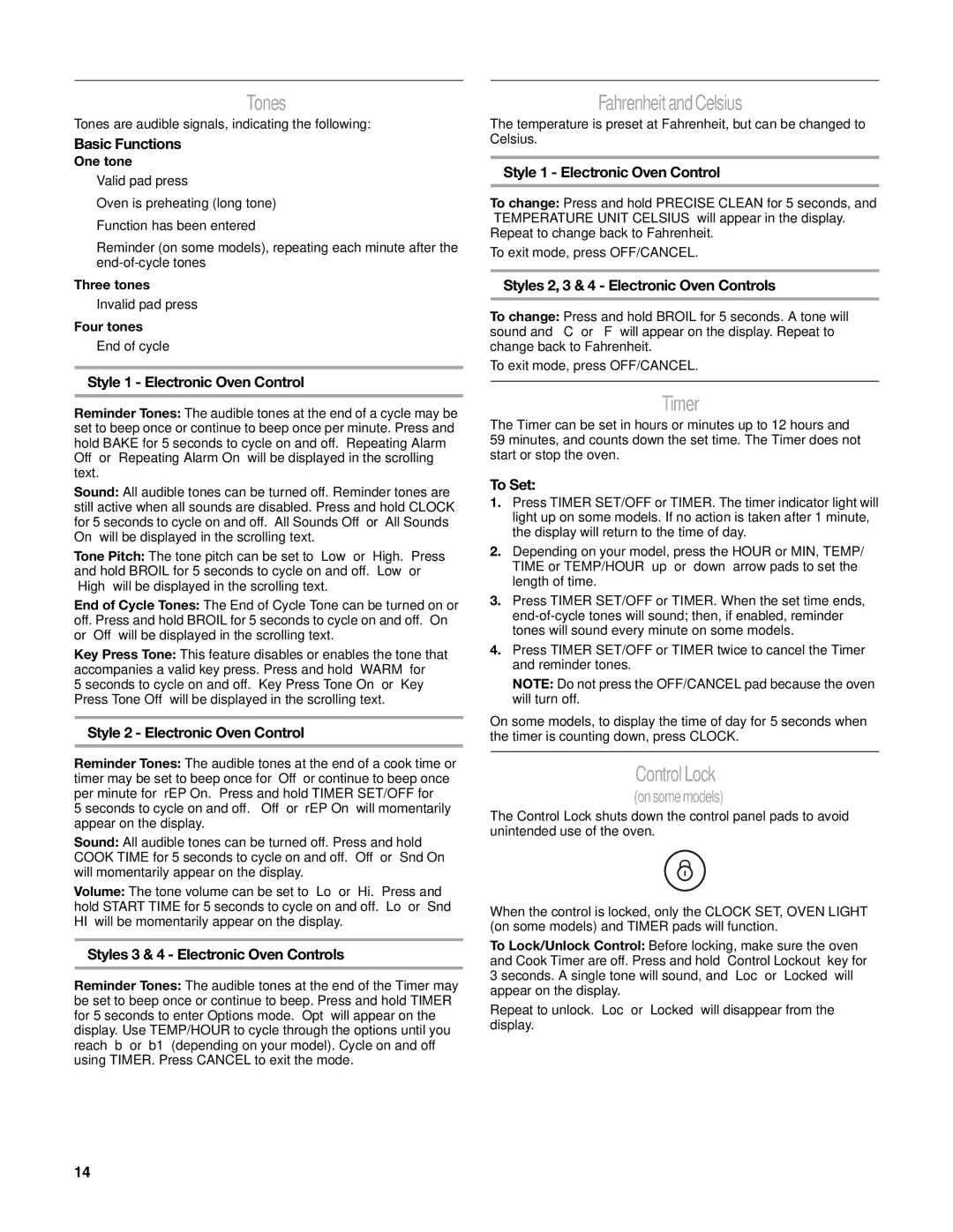 Whirlpool W10162205A manual Tones, Fahrenheit and Celsius, Timer, Control Lock 