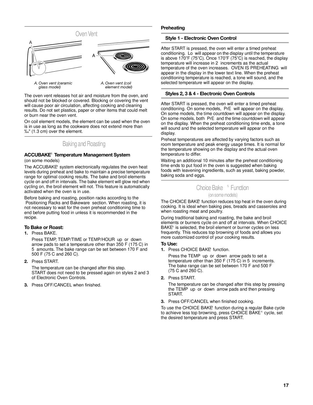 Whirlpool W10162205A manual Oven Vent, Baking and Roasting, Choice Bake Function 