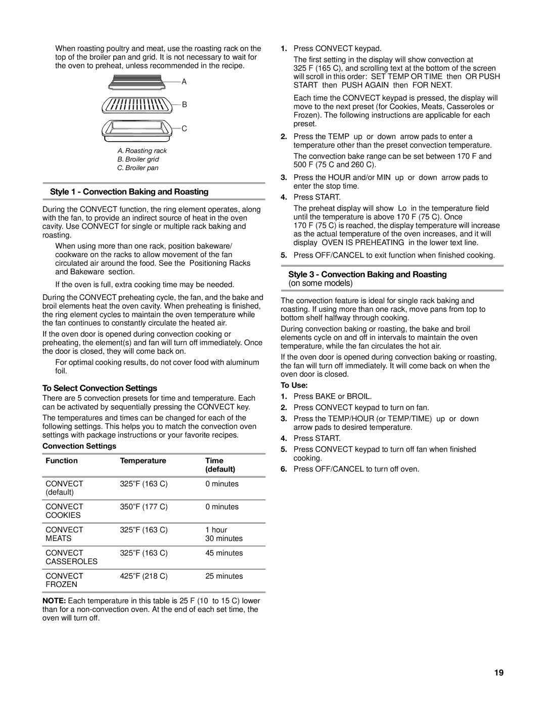 Whirlpool W10162205A manual Style 1 Convection Baking and Roasting, To Select Convection Settings, On some models 