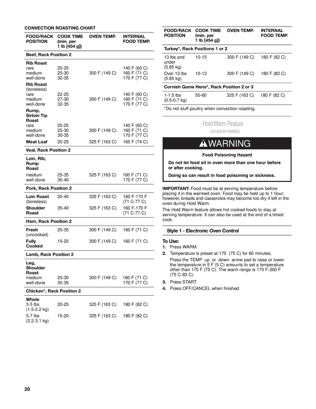 Whirlpool W10162205A manual Hold Warm Feature, Style 1 Electronic Oven Control To Use, Food Temp 