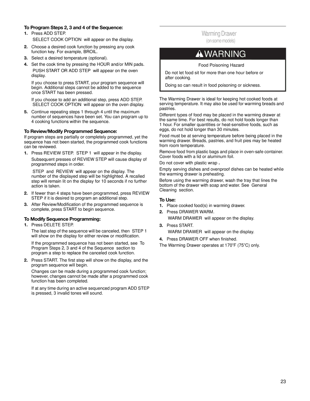 Whirlpool W10162205A Warming Drawer, To Program Steps 2, 3 and 4 of the Sequence, To Review/Modify Programmed Sequence 