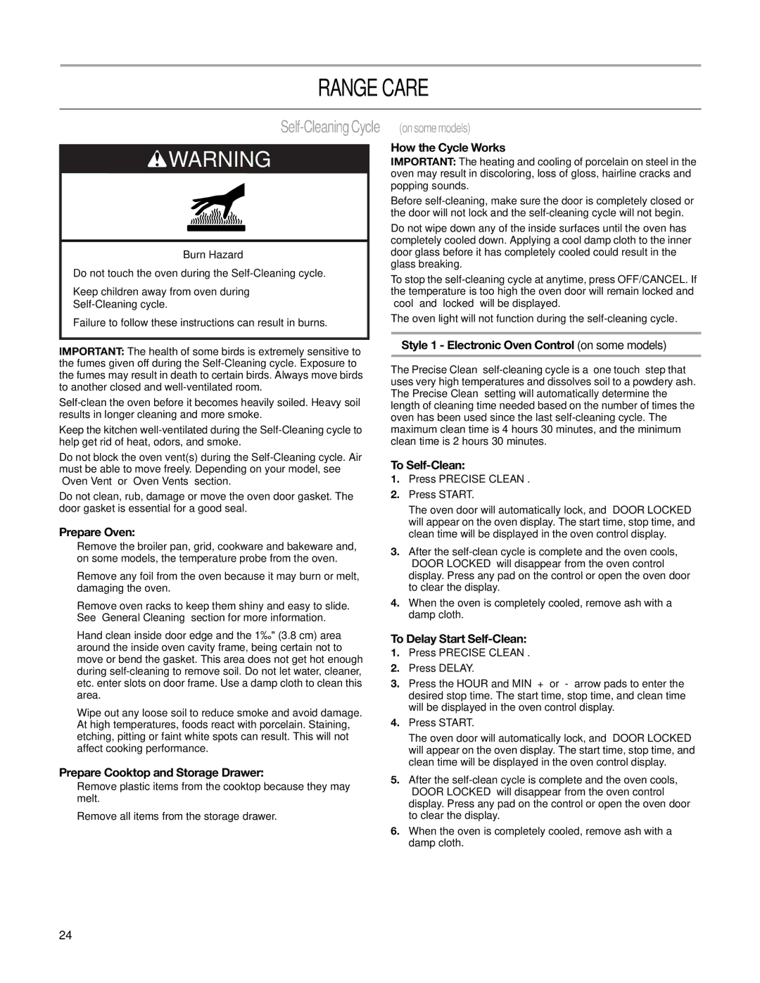 Whirlpool W10162205A manual Range Care, Self-Cleaning Cycle on some models 