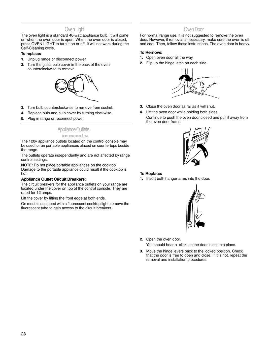 Whirlpool W10162205A manual Oven Light, Appliance Outlets, Oven Door, Appliance Outlet Circuit Breakers, To replace 