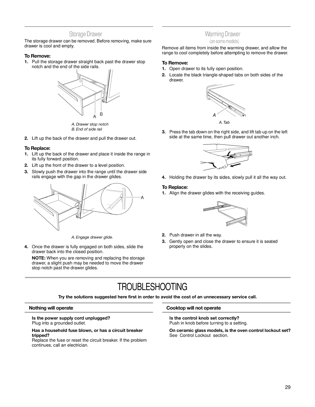 Whirlpool W10162205A manual Troubleshooting, Storage Drawer, Nothing will operate, Cooktop will not operate 