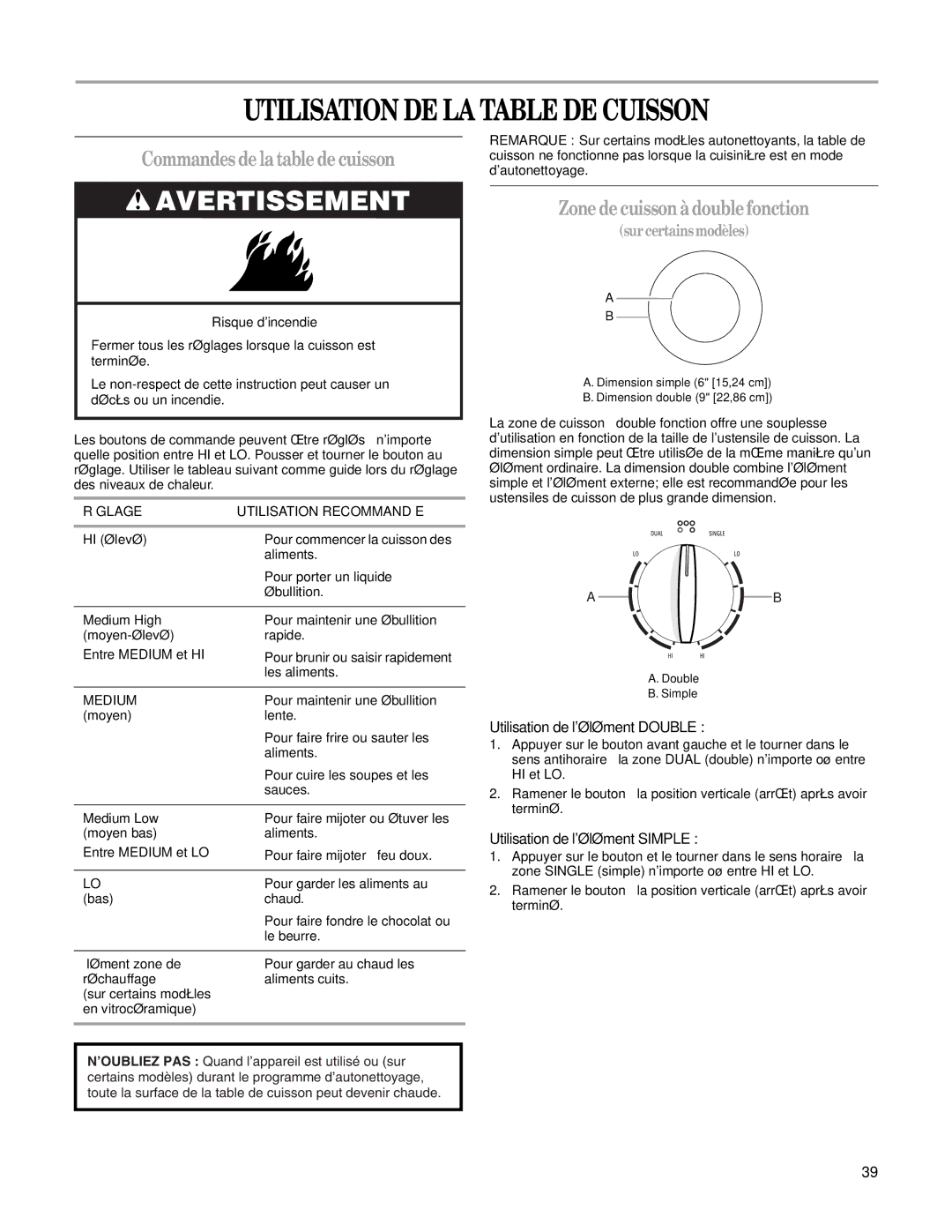 Whirlpool W10162205A Utilisation DE LA Table DE Cuisson, Commandes de la table de cuisson, Utilisation de lélément Double 