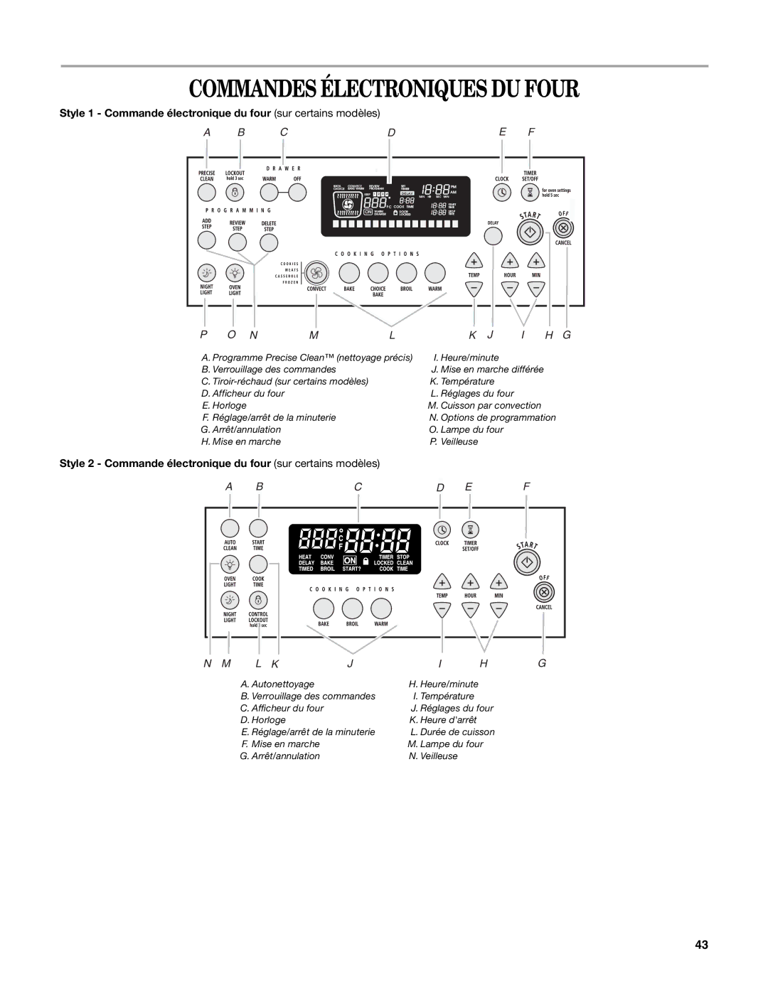 Whirlpool W10162205A manual Commandes Électroniques DU Four, Style 1 Commande électronique du four sur certains modèles 