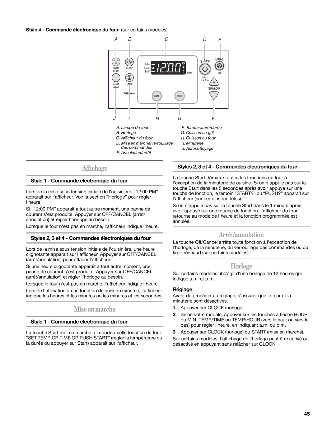 Whirlpool W10162205A manual Affichage, Mise en marche, Arrêt/annulation, Horloge 