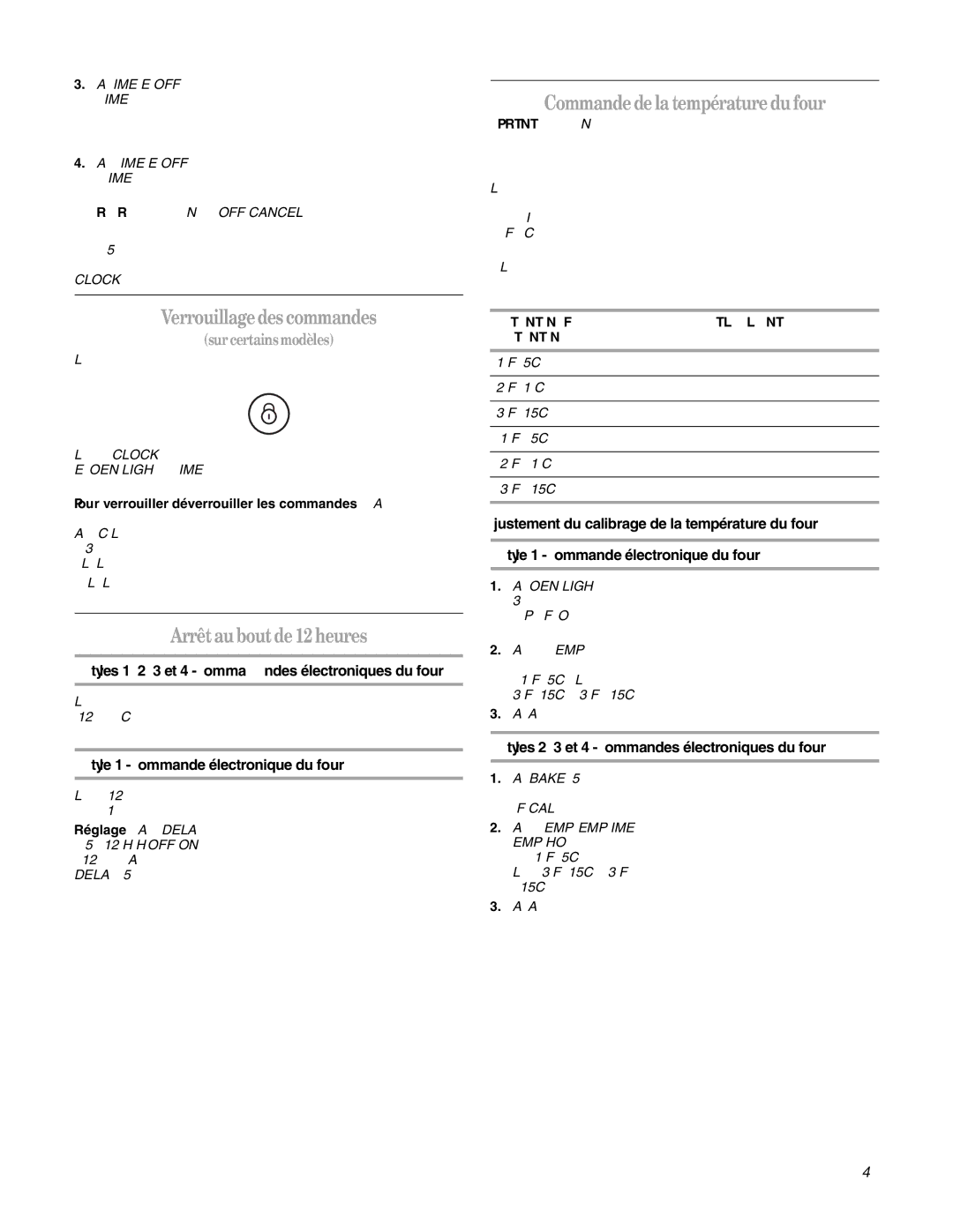 Whirlpool W10162205A manual Verrouillage des commandes, Arrêt au bout de 12 heures, Commande de la température du four 