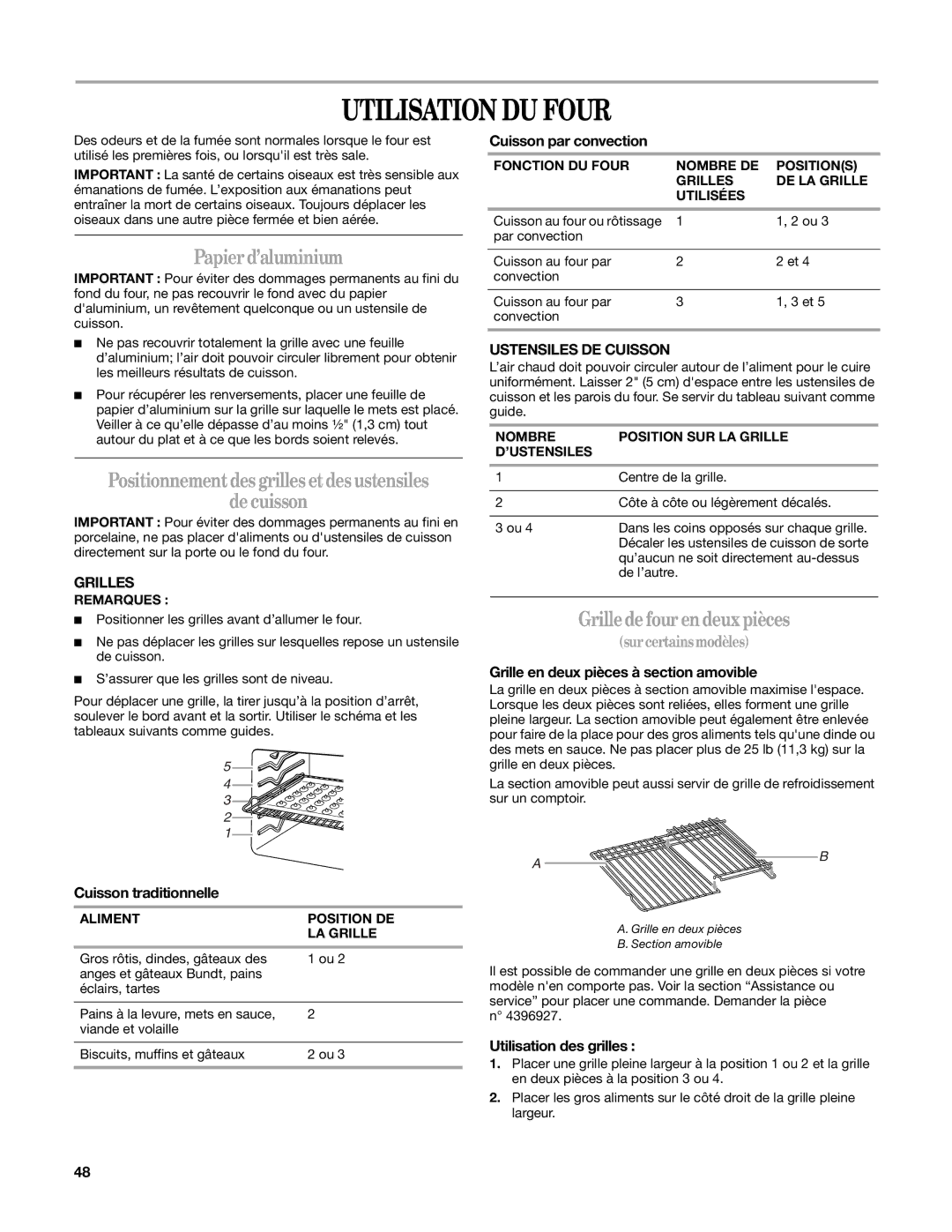 Whirlpool W10162205A manual Utilisation DU Four, Papier d’aluminium, De cuisson, Grille de four en deux pièces 