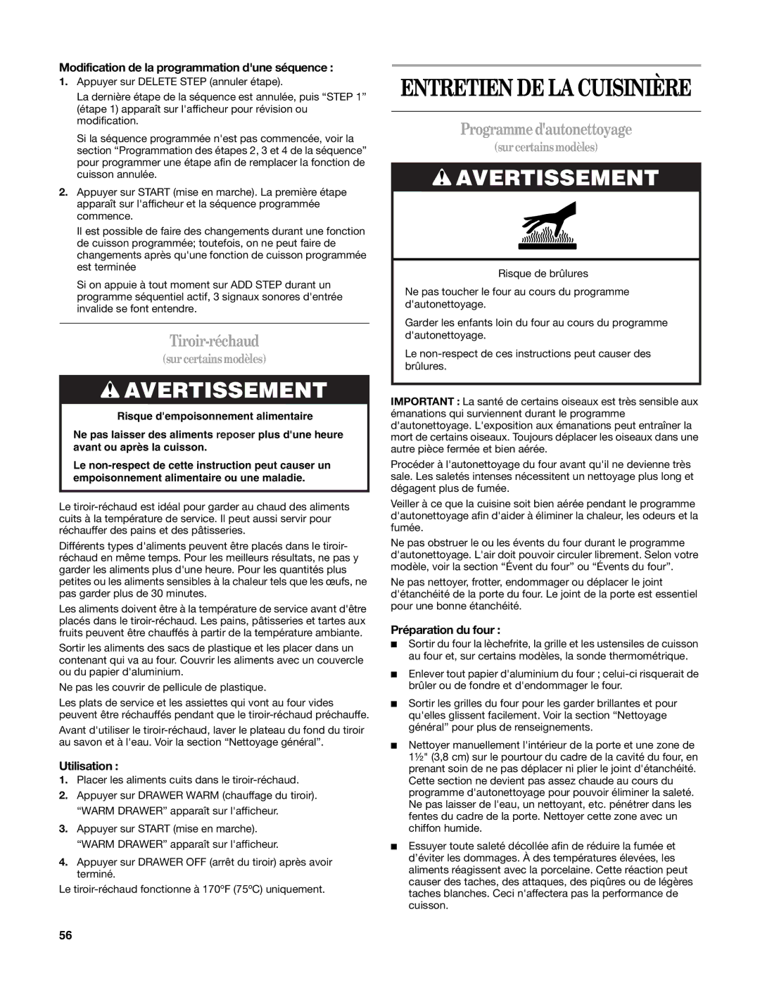 Whirlpool W10162205A manual Entretien DE LA Cuisinière, Tiroir-réchaud, Programme dautonettoyage, Préparation du four 