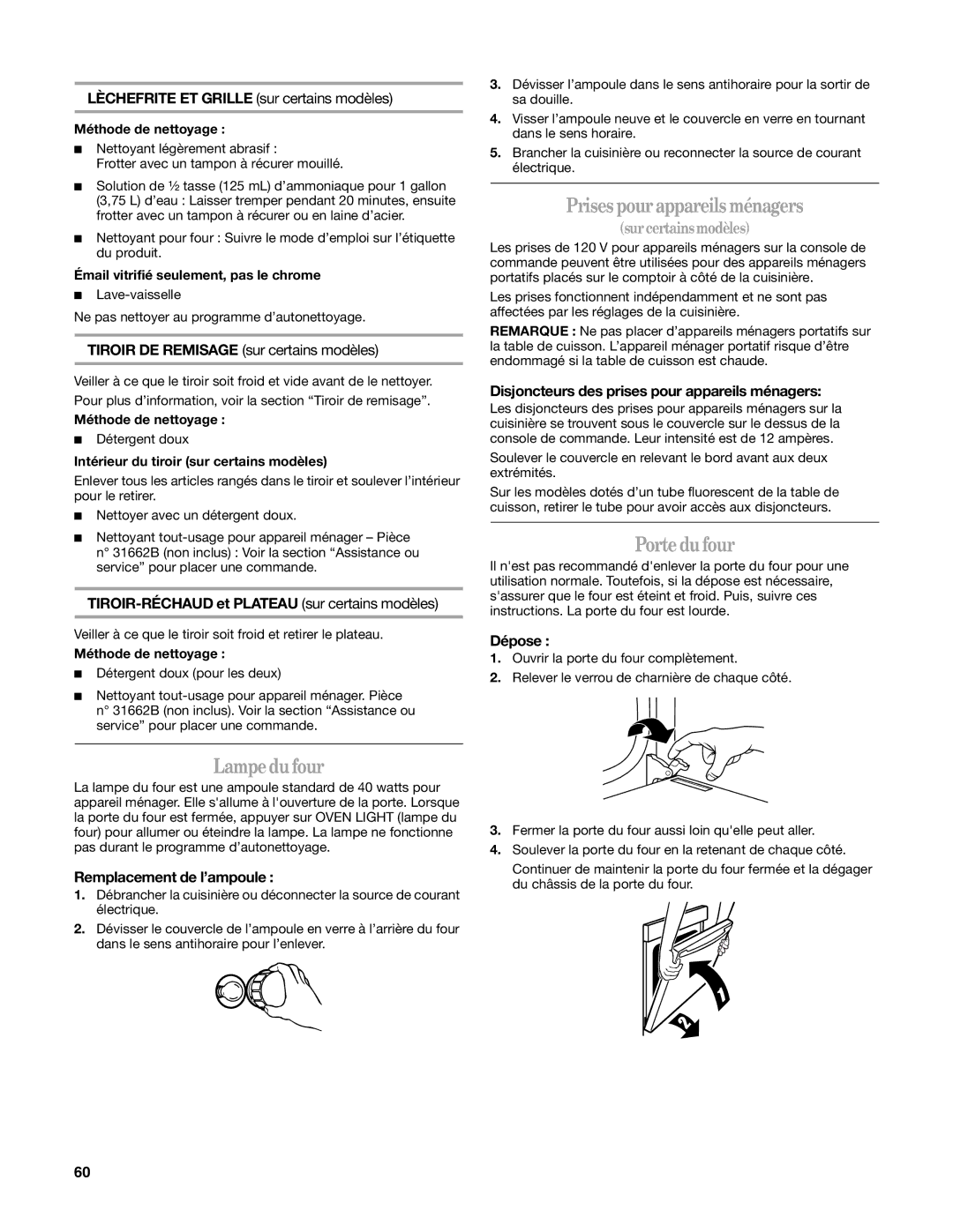 Whirlpool W10162205A manual Lampe du four, Prises pour appareils ménagers, Porte du four 