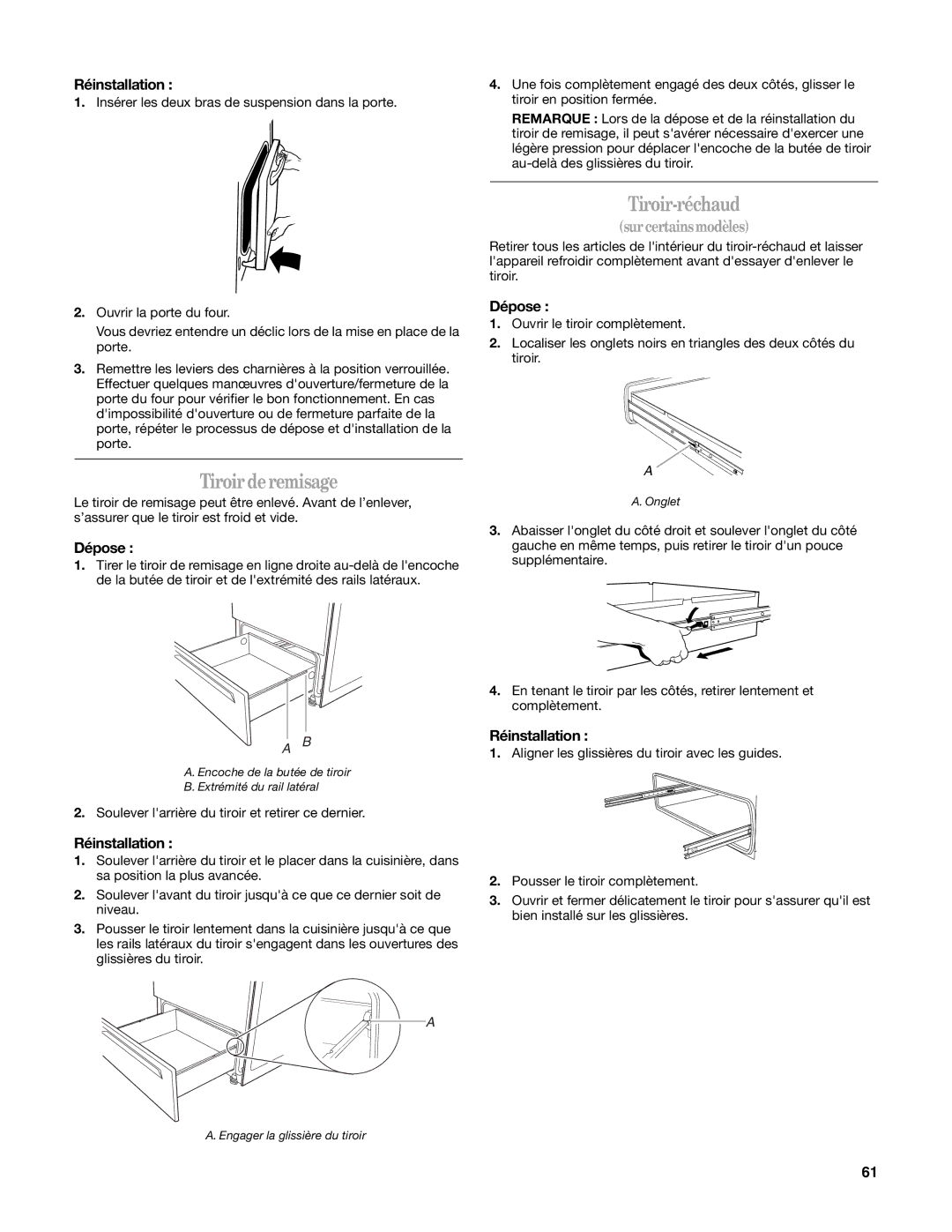 Whirlpool W10162205A manual Tiroir de remisage, Réinstallation 