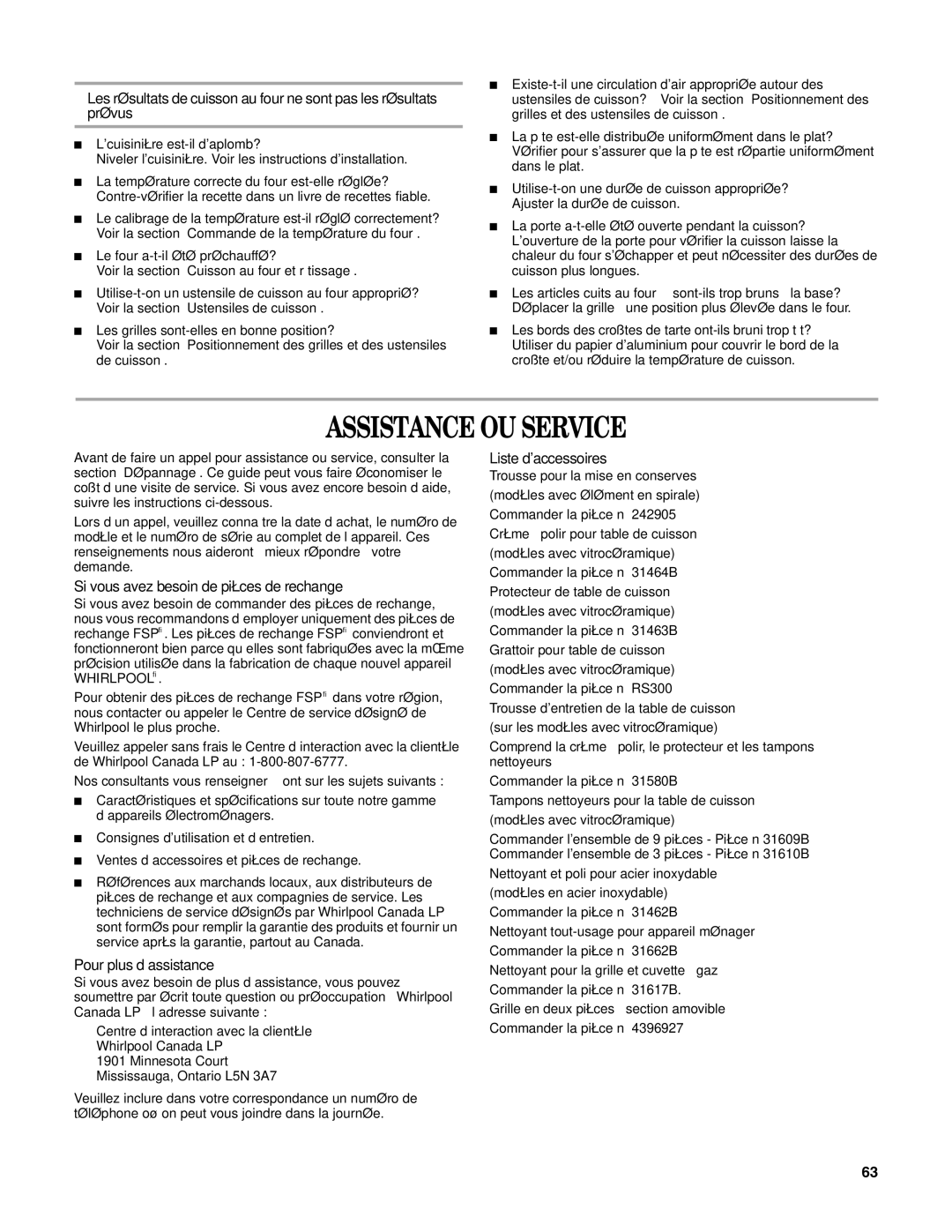 Whirlpool W10162205A manual Assistance OU Service, Si vous avez besoin de pièces de rechange, Pour plus d’assistance 