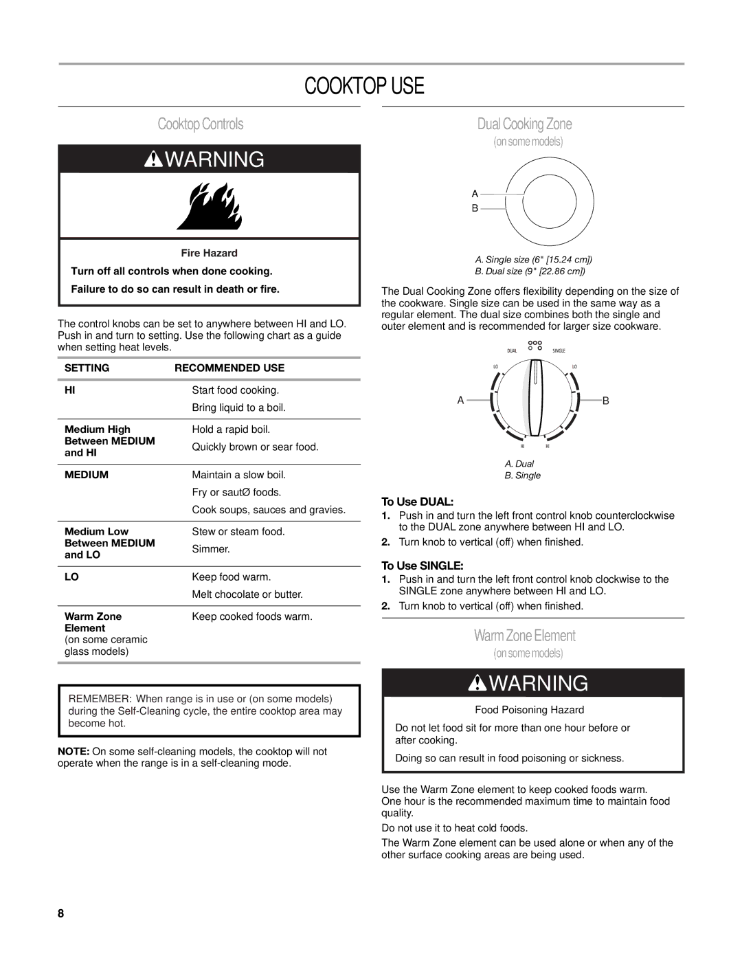 Whirlpool W10162205A manual Cooktop USE, Cooktop Controls, Dual Cooking Zone, Warm Zone Element 