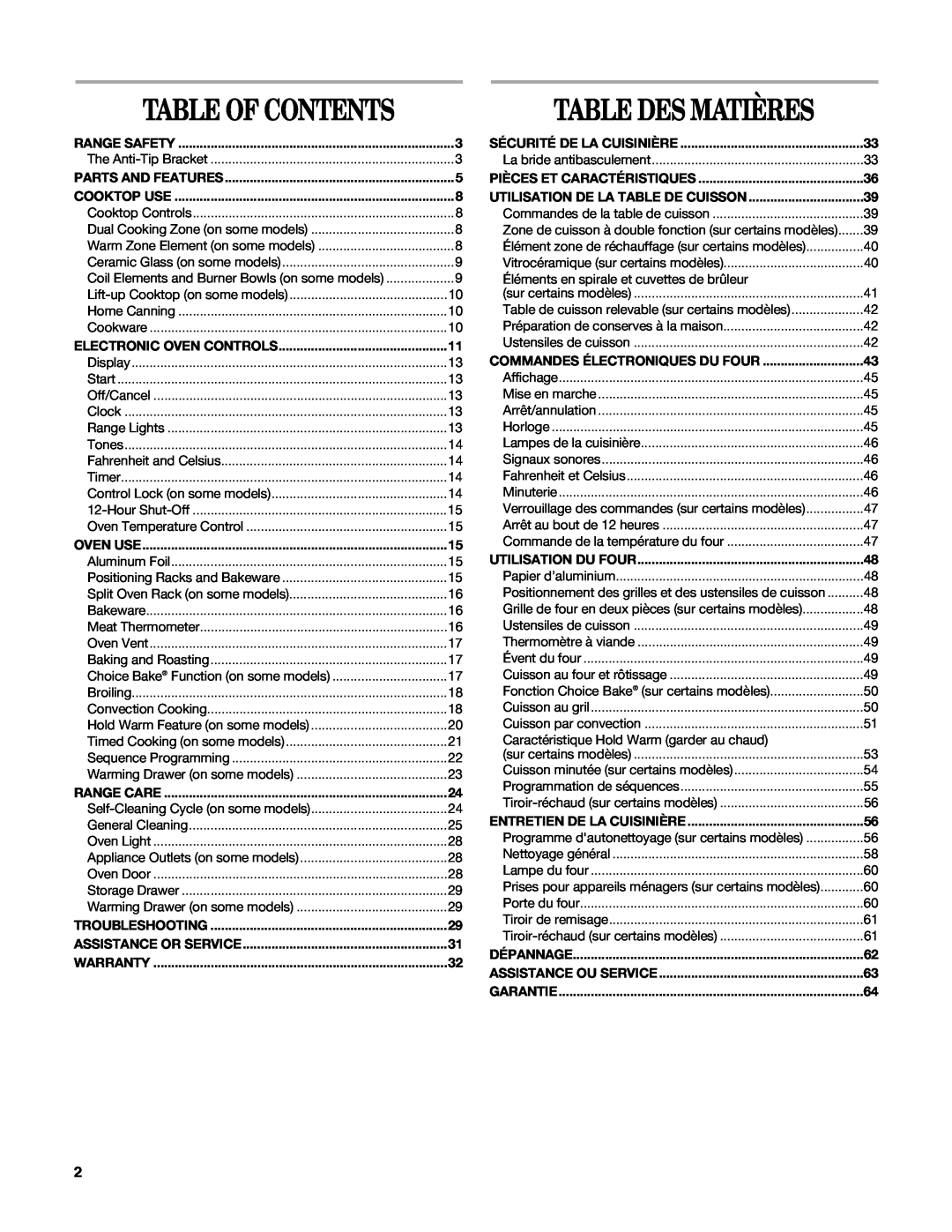 Whirlpool W10162205A manual Table Of Contents, Table Des Matières 