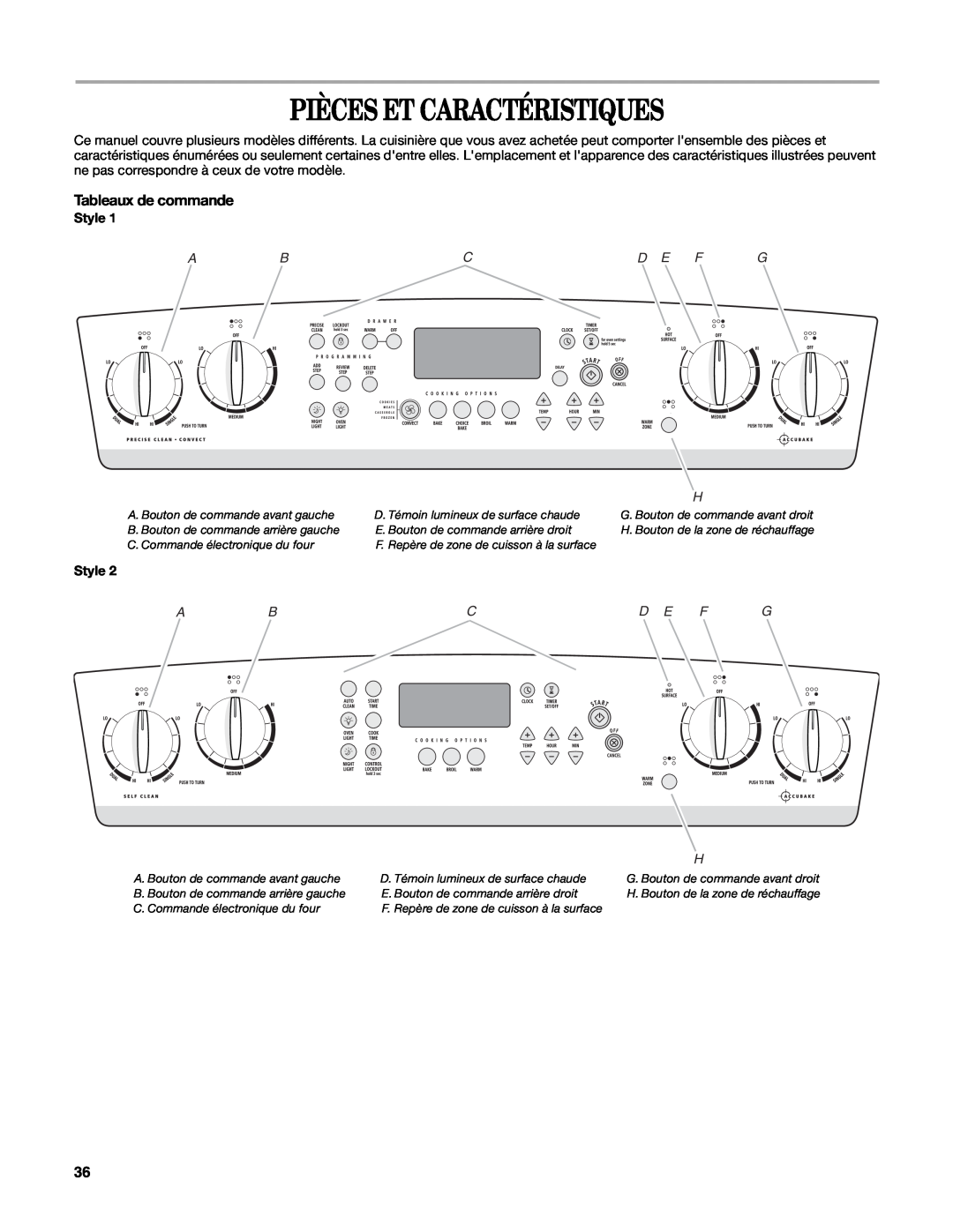 Whirlpool W10162205A manual Pièces Et Caractéristiques, Tableaux de commande, Abcd E F G, Style 