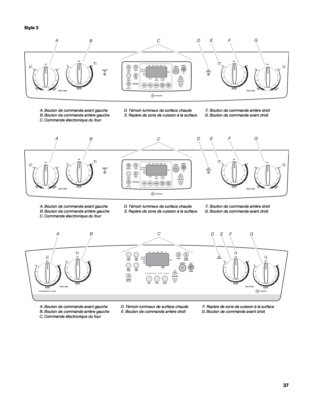 Whirlpool W10162205A manual Abcd E Fg, Abcd E F G, A. Bouton de commande avant gauche 