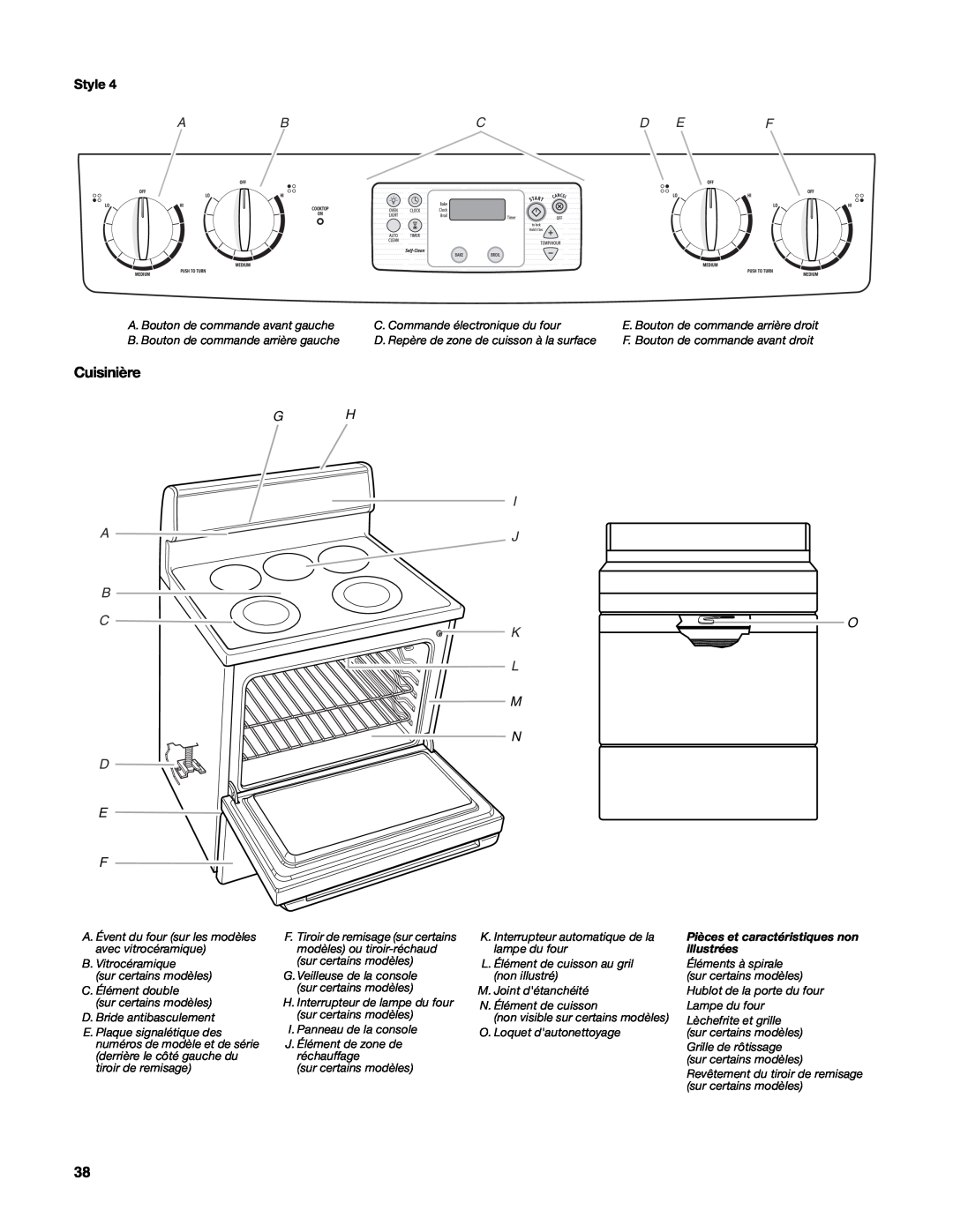 Whirlpool W10162205A manual Cuisinière, Abcd Ef, I A J, Pièces et caractéristiques non, illustrées 