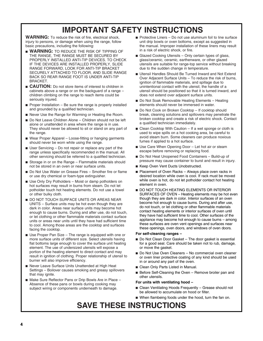 Whirlpool W10162205A manual Important Safety Instructions, Save These Instructions, For self-cleaningranges 