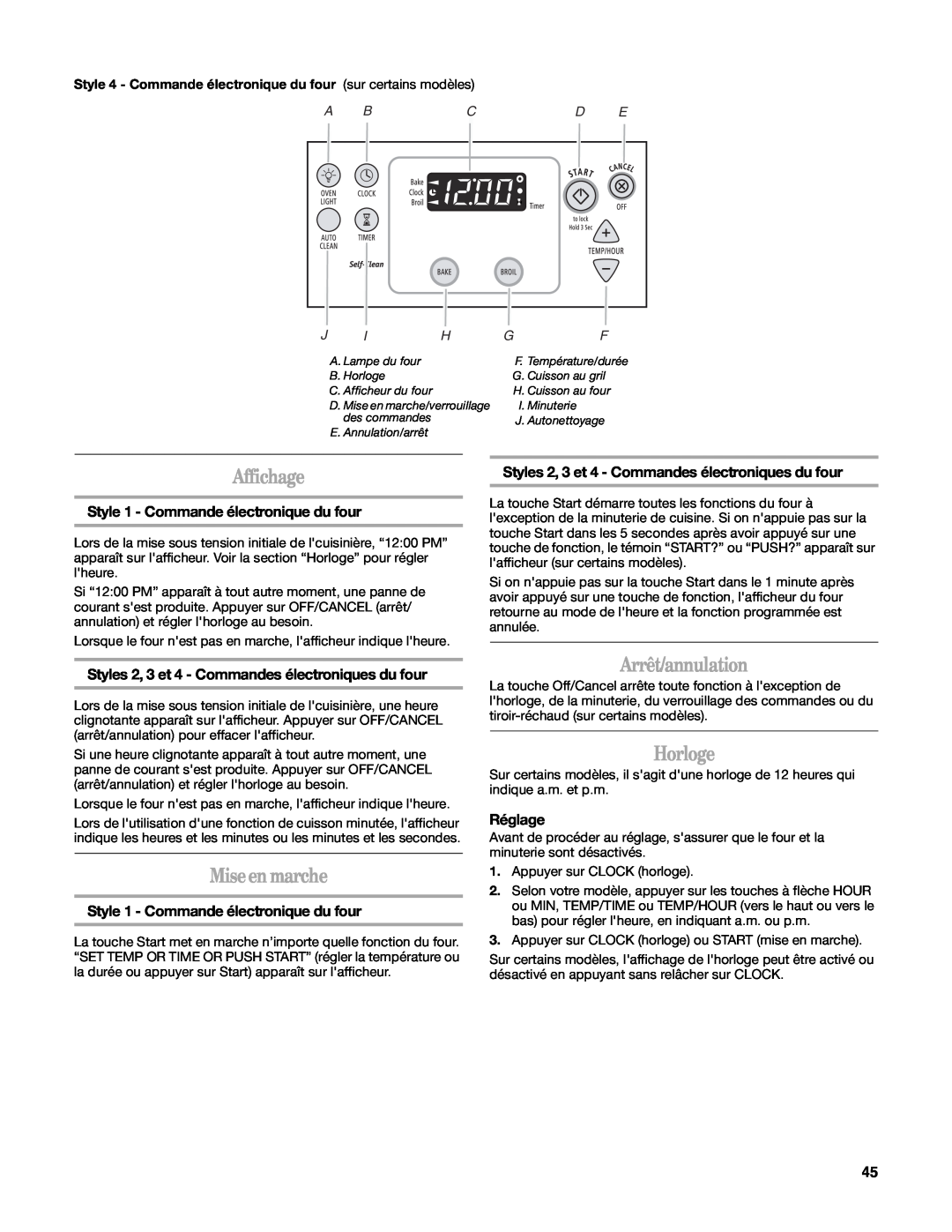 Whirlpool W10162205A manual Affichage, Mise en marche, Arrêt/annulation, Horloge, Style 1 - Commande électronique du four 