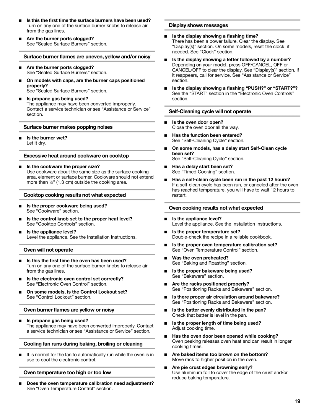 Whirlpool W10162212A manual Surface burner flames are uneven, yellow and/or noisy, Surface burner makes popping noises 