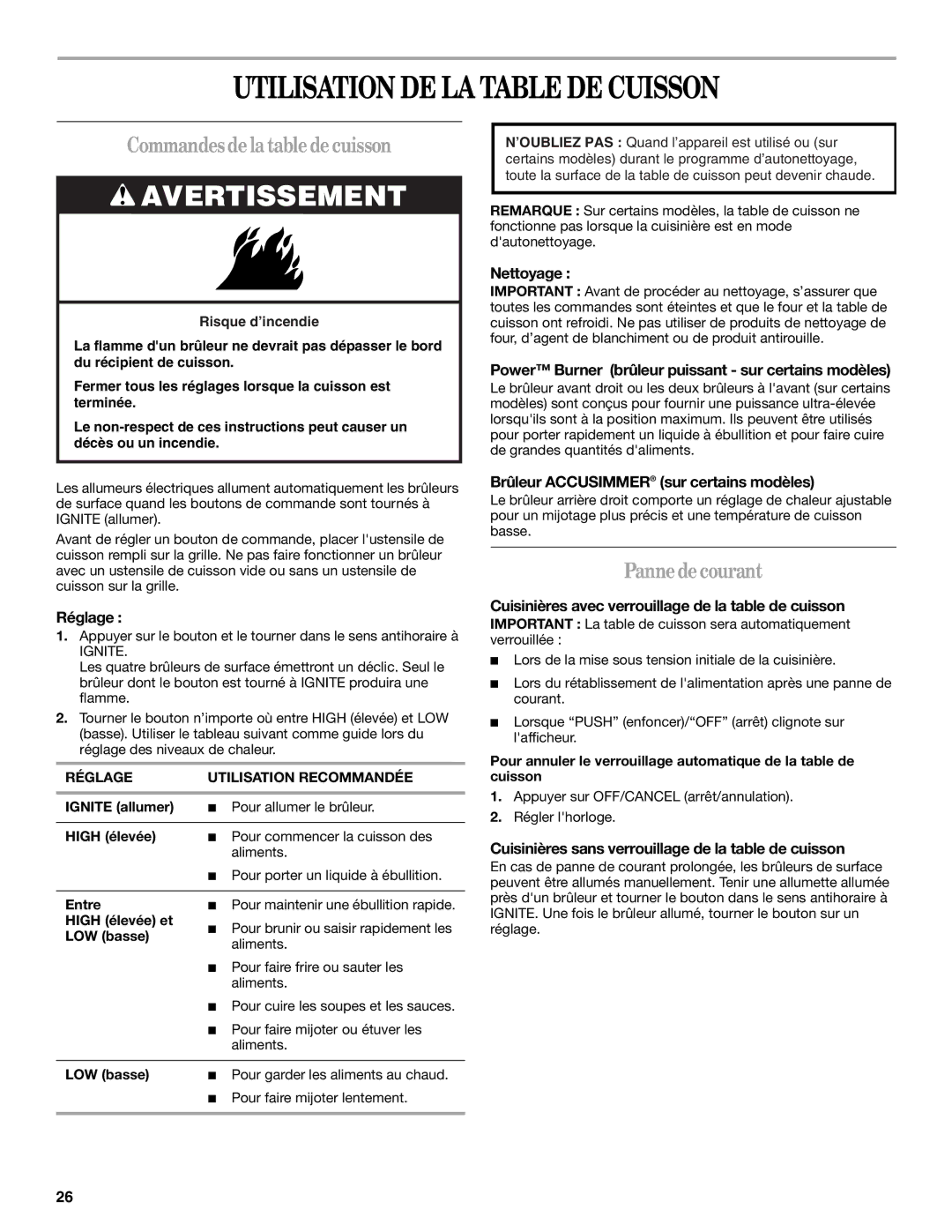 Whirlpool W10162212A manual Utilisation DE LA Table DE Cuisson, Commandesdelatabledecuisson, Pannedecourant 