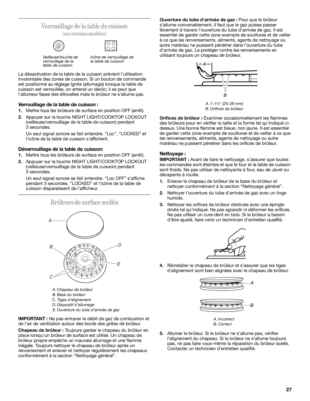 Whirlpool W10162212A manual Verrouillagedelatabledecuisson, Brûleurs desurfacescellés, Verrouillage de la table de cuisson 