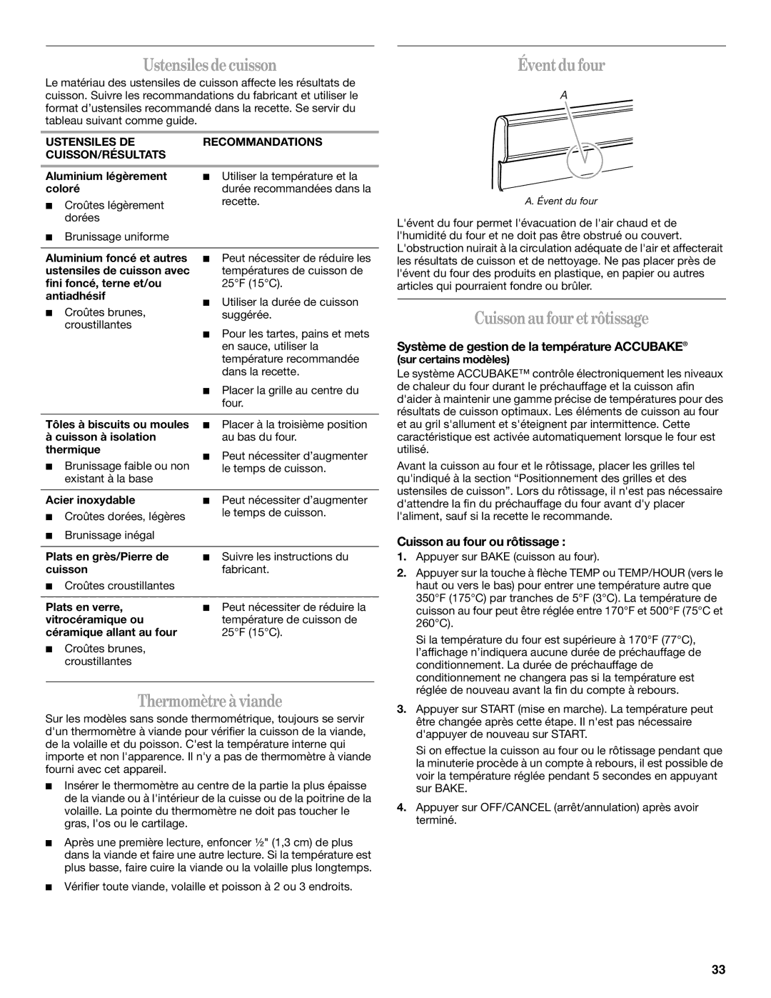 Whirlpool W10162212A manual Thermomètreà viande, Éventdu four, Cuissonau fouretrôtissage, Cuisson au four ou rôtissage 