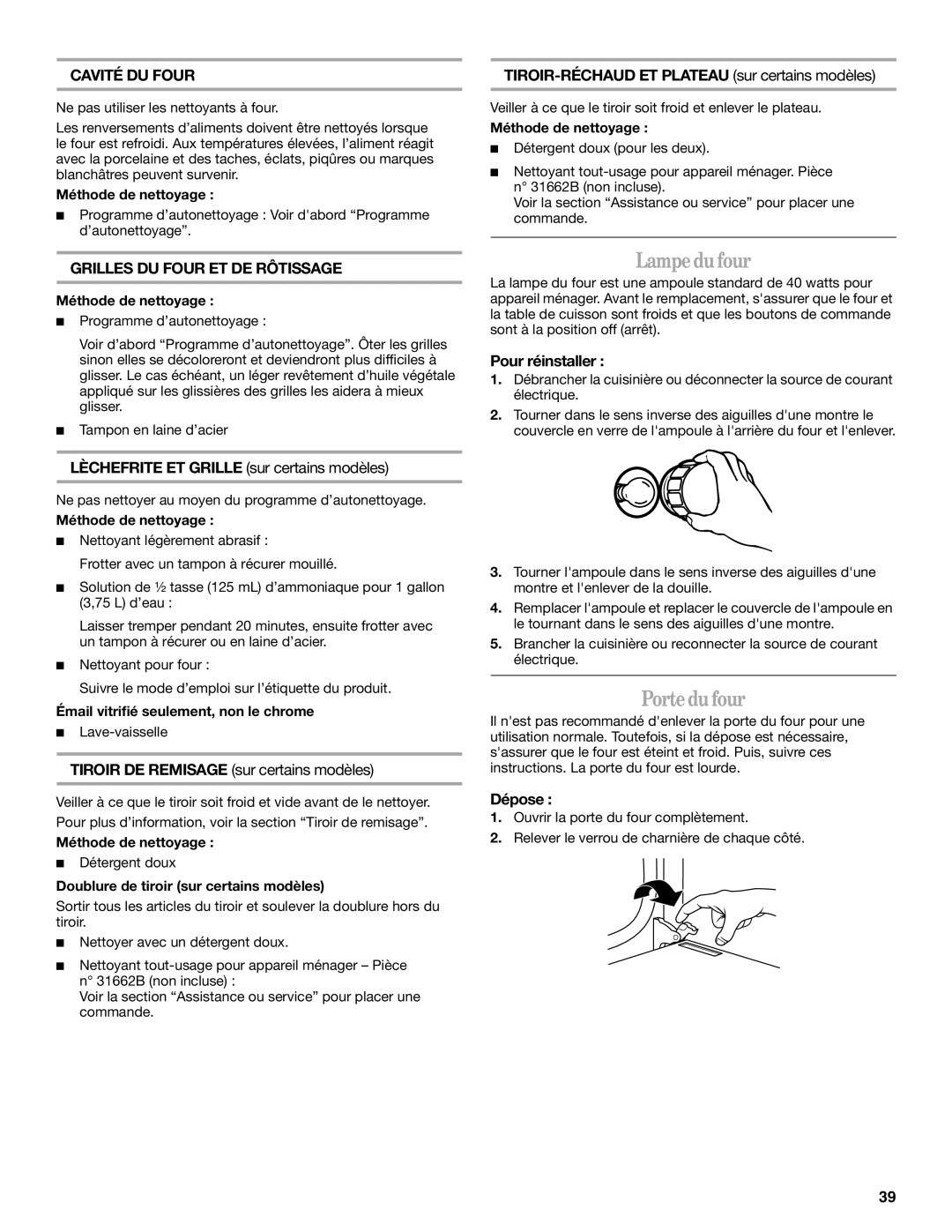 Whirlpool W10162212A manual Lampedu four, Portedu four, Cavité DU Four, Grilles DU Four ET DE Rôtissage 