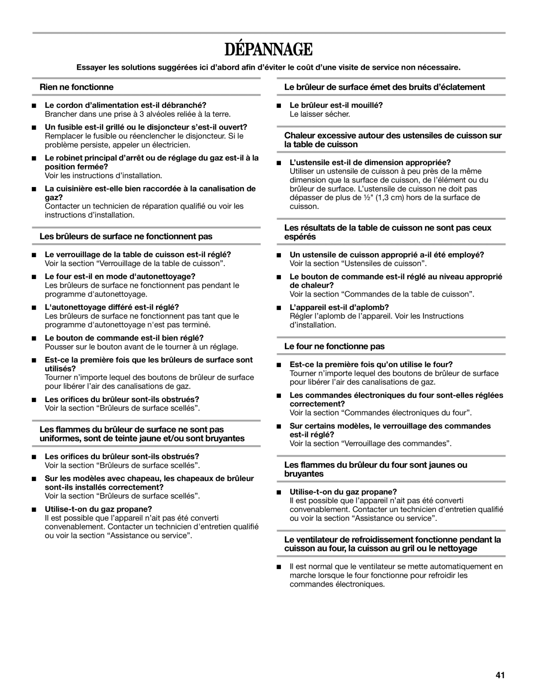 Whirlpool W10162212A manual Dépannage 