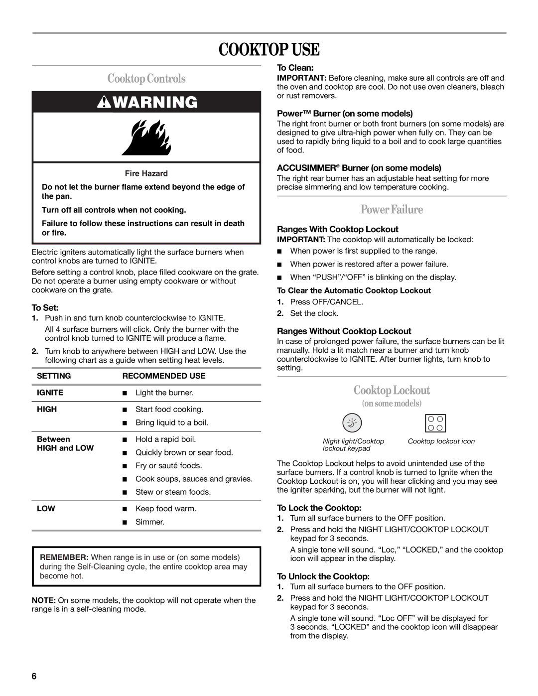 Whirlpool W10162212A manual Cooktop USE, CooktopControls, PowerFailure, CooktopLockout 