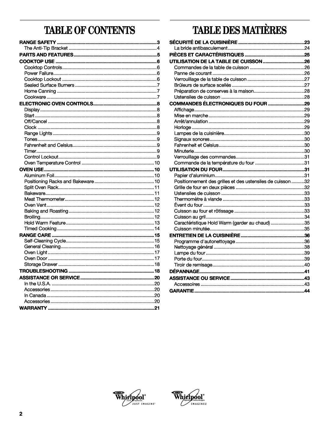 Whirlpool W10162212A manual Table Of Contents, Table Des Matières 