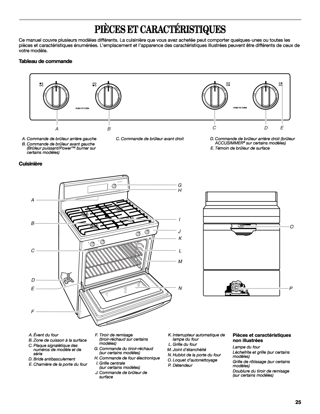 Whirlpool W10162212A manual Pièces Et Caractéristiques, Tableau de commande, Cuisinière, Cd E 