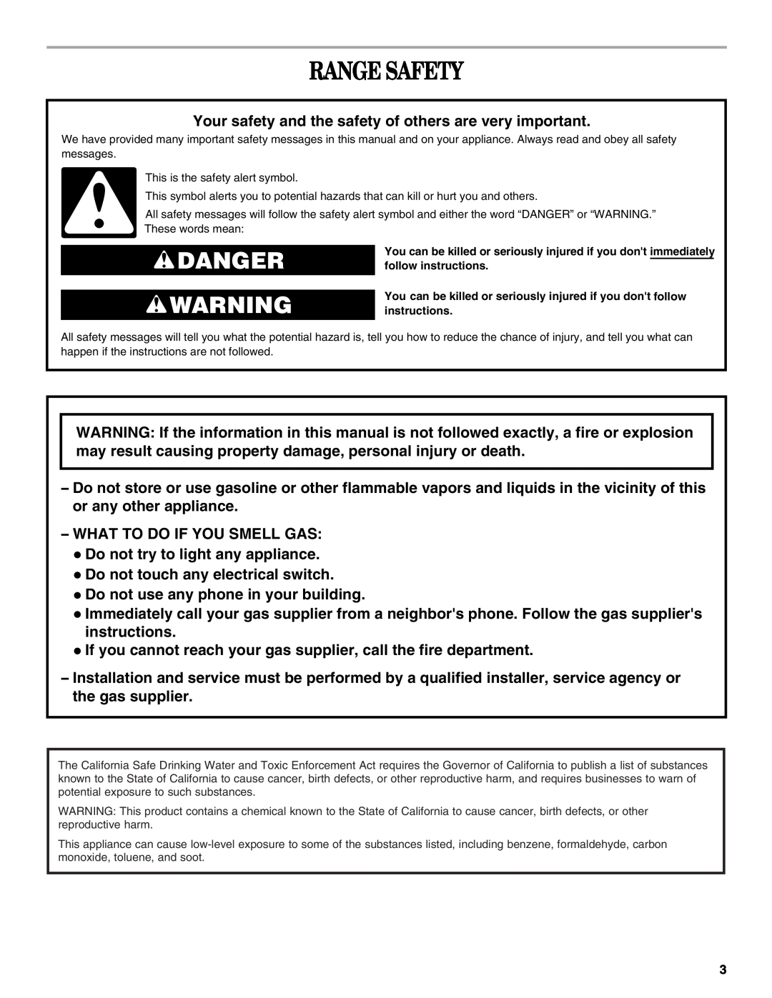 Whirlpool W10162212A manual Range Safety, Danger 