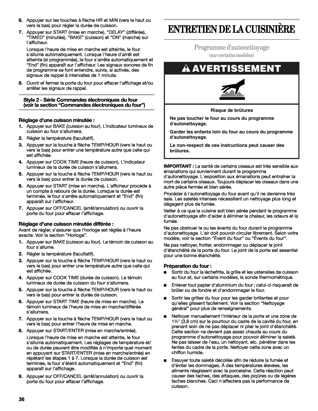 Whirlpool W10162212A manual Entretien De La Cuisinière, Programmedautonettoyage, Avertissement, surcertainsmodèles 