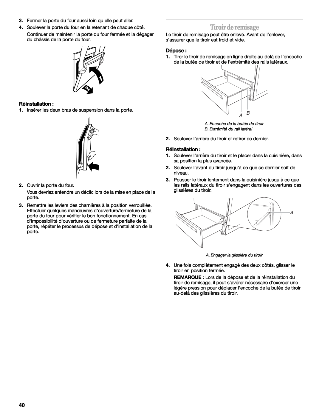 Whirlpool W10162212A manual Tiroirderemisage, Dépose, Réinstallation 