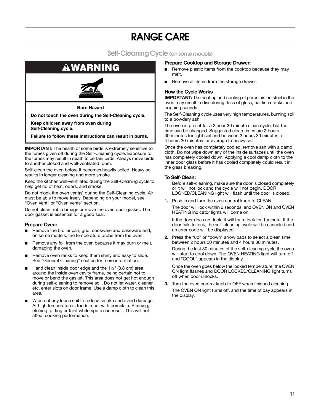 Whirlpool W10162215A manual Range Care, Self-Cleaning Cycle on some models 